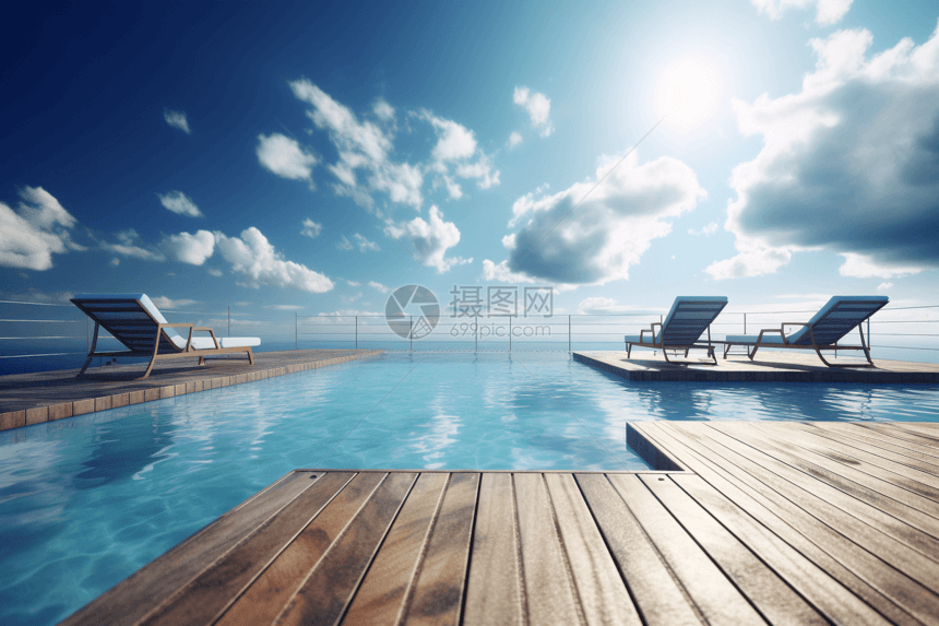 木制甲板和躺椅环绕的游泳池图片
