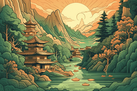 中式田园地产海报手绘中式风景插画插画
