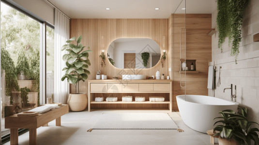 清新植物装饰的浴室高清图片