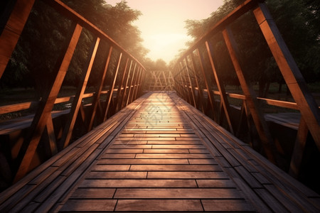 早晨建筑木质桥梁建筑设计图片