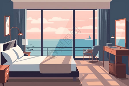 宾馆客房海景酒店卧室插画