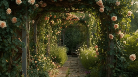 玫瑰和常春藤的花架高清图片