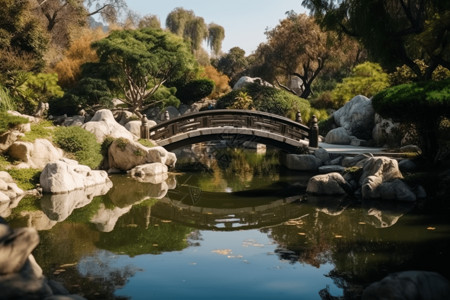 中式花园中间的一座桥图片