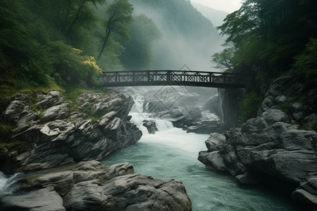 在湍急的河流上的一座桥，背景中可以看到雄伟的瀑布，高清图片