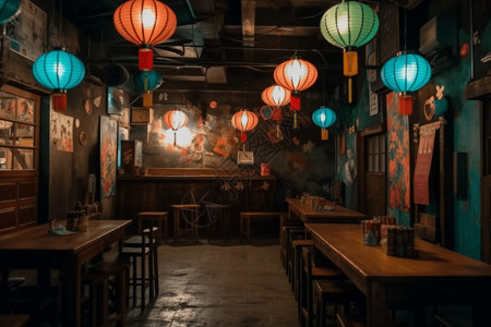 日式彩色灯笼的饭馆图片