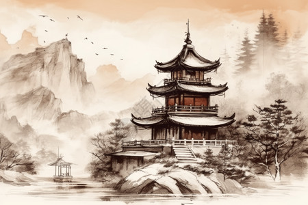 传统水墨画风格的中式建筑插画图片