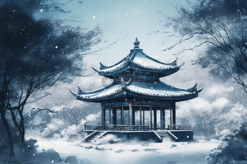 风雪中的中式建筑插画图片