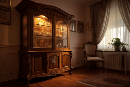 主题: 古董橱柜; 视角: 前视图; 背景: 舒适的客厅; 风格: 经典优雅; 渲染和照明: 温暖诱人。，高清背景图片