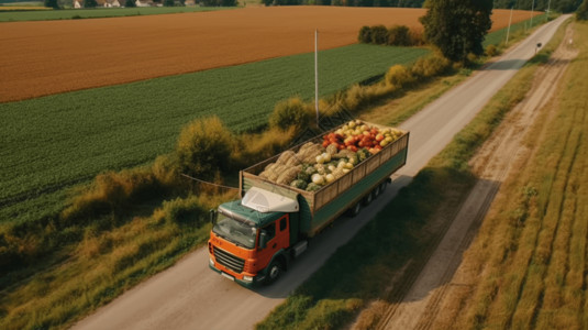 新鲜果蔬宣传单一辆送货卡车的鸟瞰图插画