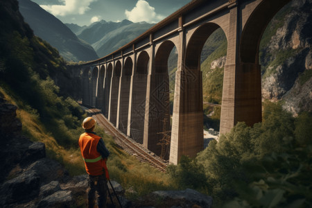 在山谷中建造铁路高架桥的工人图片