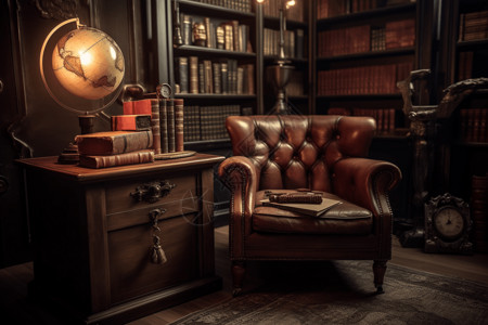 皮革装饰带有皮质沙发的书房背景