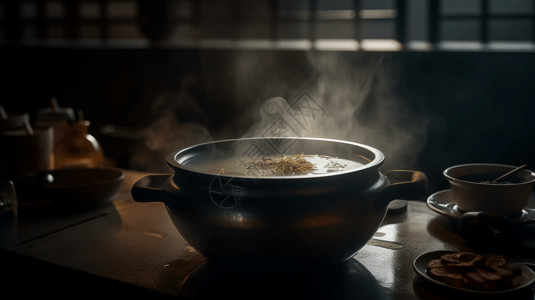 汤陶瓷碗美食热气腾腾的汤设计图片
