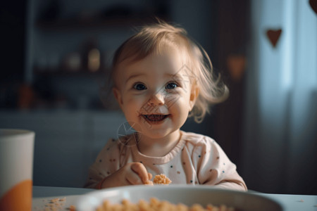 微笑着吃食物的婴儿背景图片