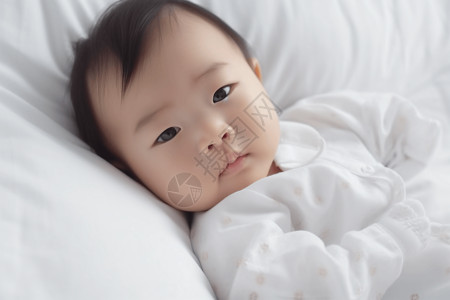 睡在柔软的白色床上的可爱亚洲宝宝背景图片