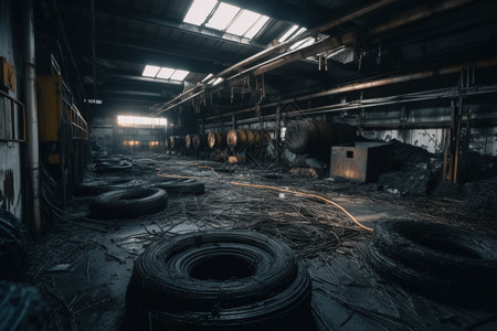 废弃仓库混乱的橡胶生产工厂设计图片