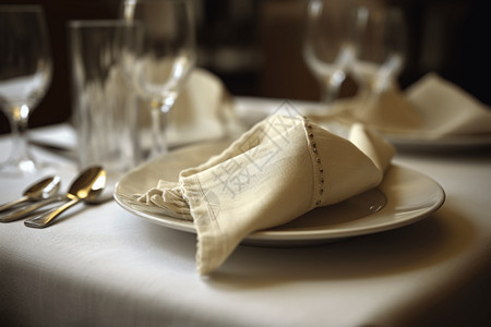 正式餐桌上的亚麻餐巾高清图片