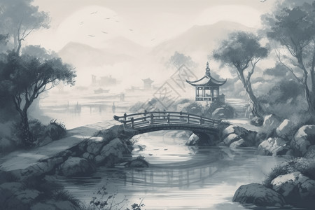 古典水墨画中式桥梁背景图片