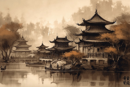 中式建筑插画风景图片
