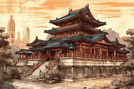 亚洲高塔插画风建筑风景插画