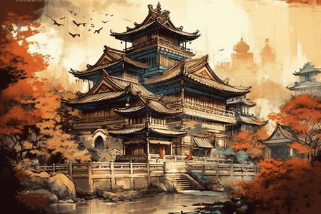 水墨中式建筑背景图片