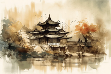 中国风建筑风景插画背景图片