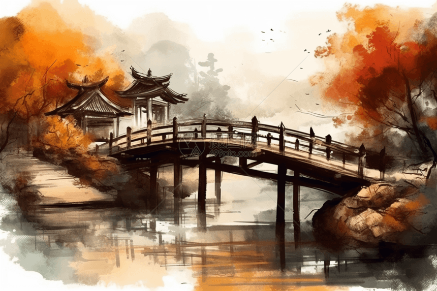 中式木桥插画图片