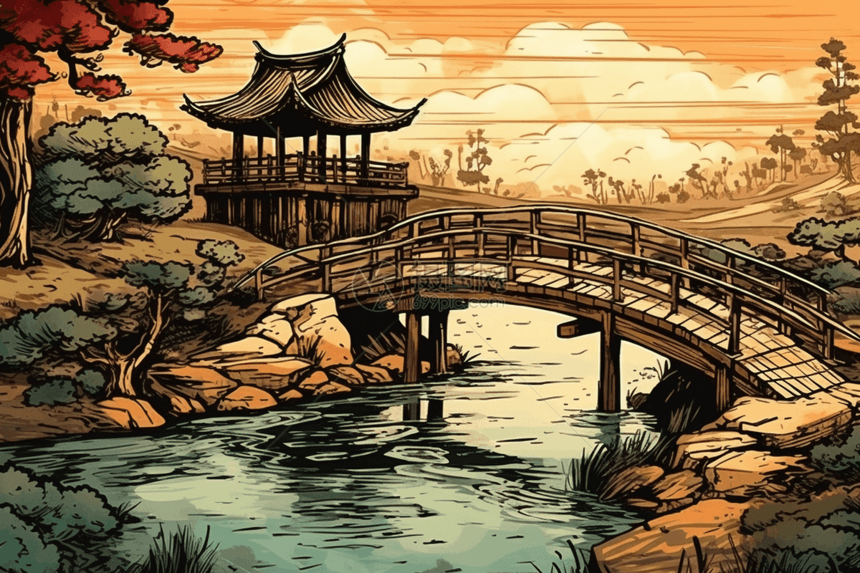 一座宁静的中国木桥图片
