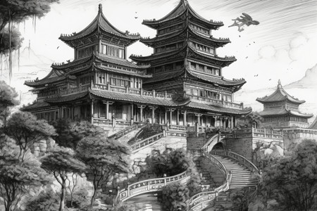 中式宫殿水墨插画背景图片
