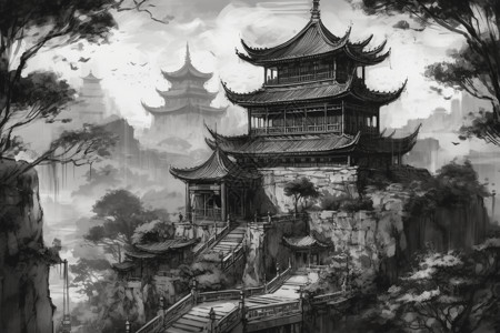 中式宫殿水墨风景背景图片