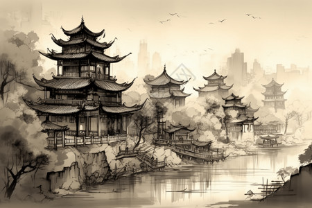 传统中式建筑水墨插画背景图片