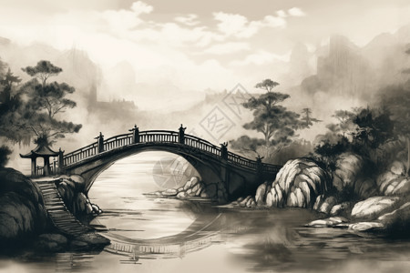 如画的中国桥插画图片