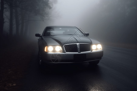 大雾下开着前灯的汽车高清图片