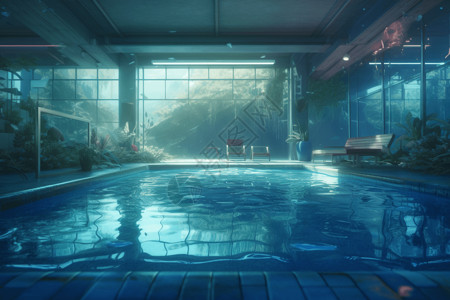 蓝色游泳池天台空间高清图片