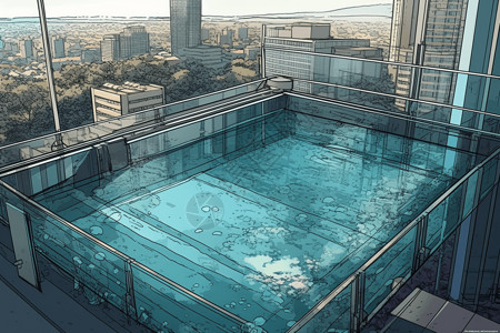 露天酒店酒店的全玻璃游泳池插画