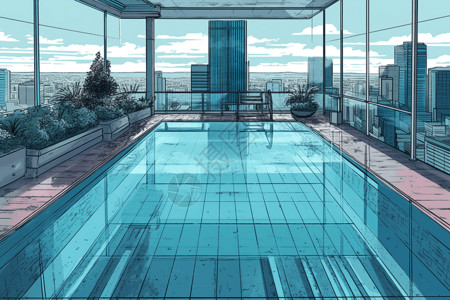 露天酒店城市酒店的露天游泳池插画