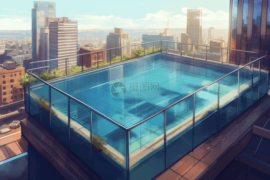 屋顶上的透明游泳池图片