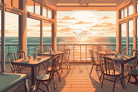 餐饮装修素材可以看日落海景餐厅插画