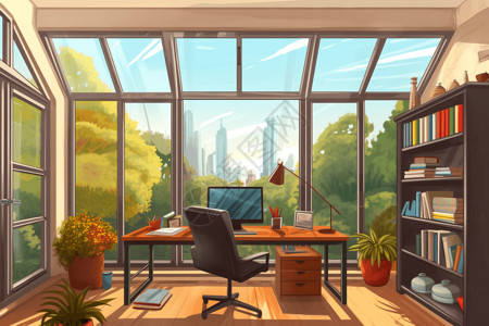 办公室玻璃窗可以欣赏花园的办公室插画