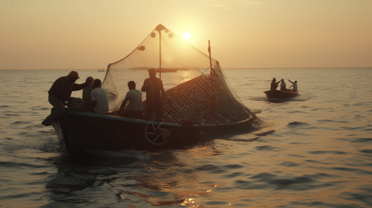 一队渔民捕捞渔获物图片