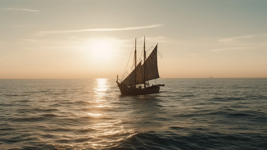 日出海洋上的渔船图片