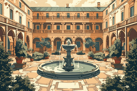 酒店喷泉庭院以平面插图描绘插画