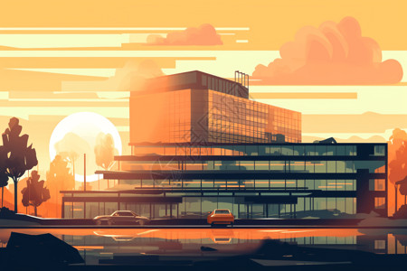 办公大楼外观效果图日落时的玻璃建筑插画