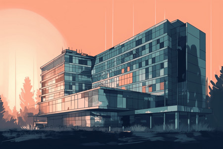 办公大楼外观效果图医院日落时的外观插画