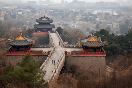 房子俯视图城市中的桥背景