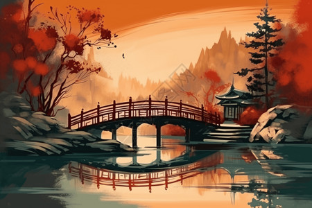 水笔画夕阳下的中国桥插画