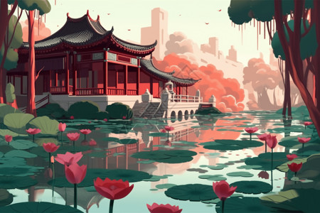 中国花园池塘和荷花图片