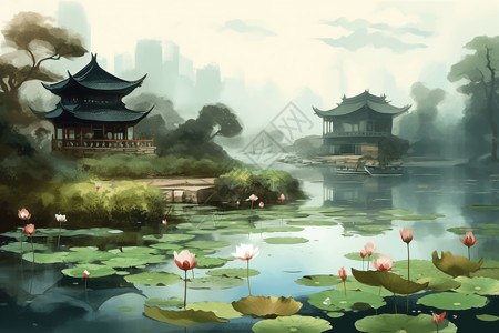 中国国花园国风花园池塘和荷花插画