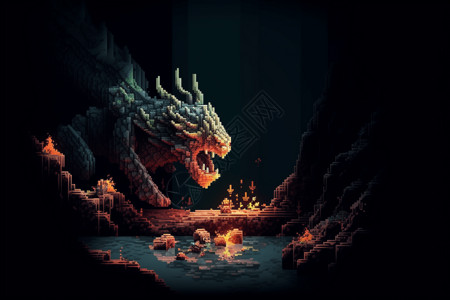 龙在黑暗的洞穴中喷火插画图片