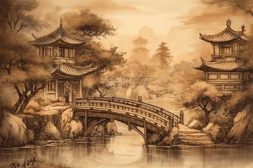 中国木桥水墨画图片