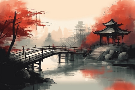 木桥秋季插图背景图片